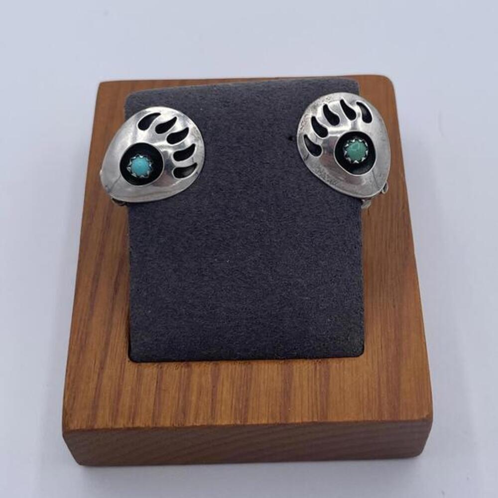 Southwestern Sterling Silver Navajo Turquoise Bear Paw Clip-On Earrings Vintage